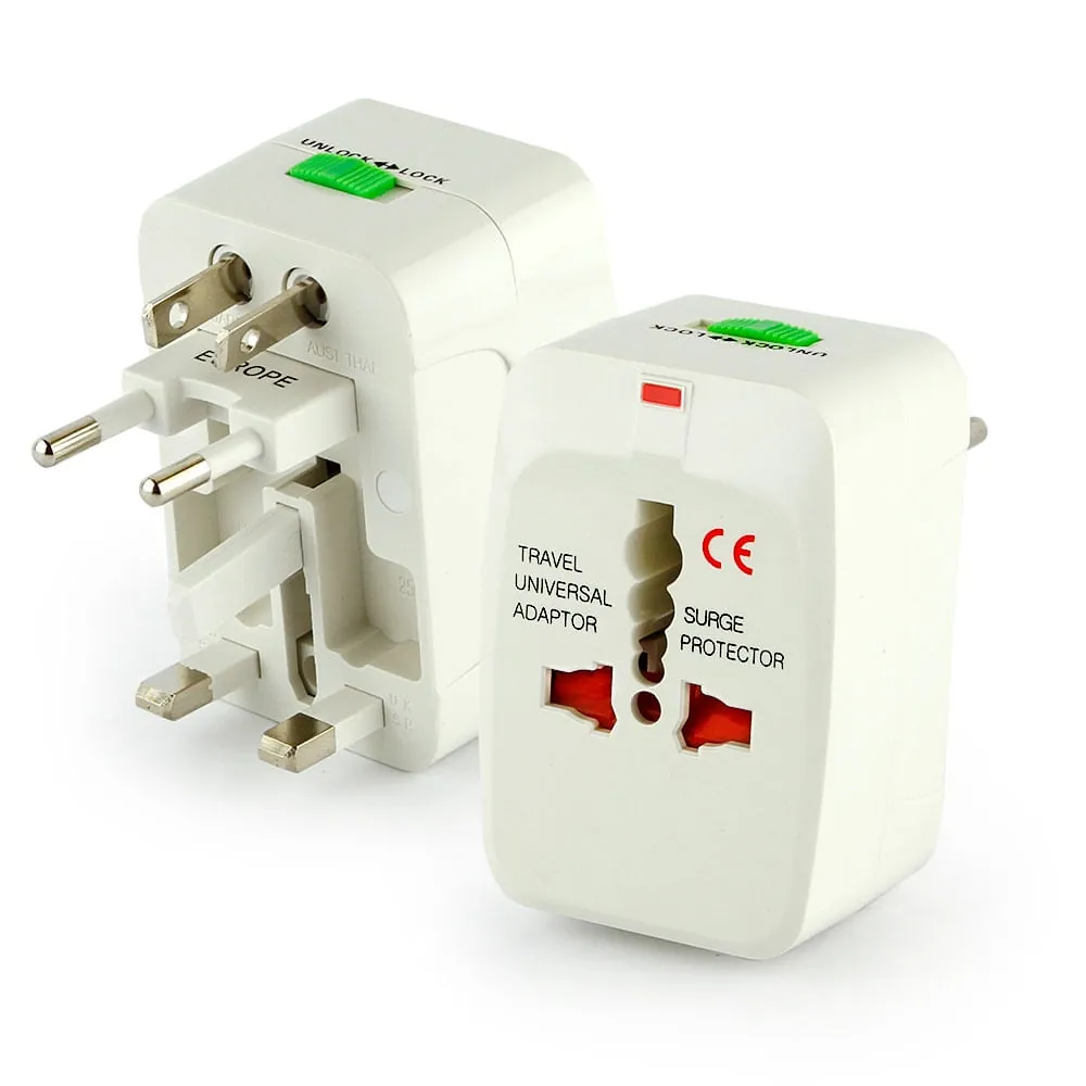 Adaptador universal branco da Cirilo Cabos, visto de frente e de trás, com os pinos de vários padrões