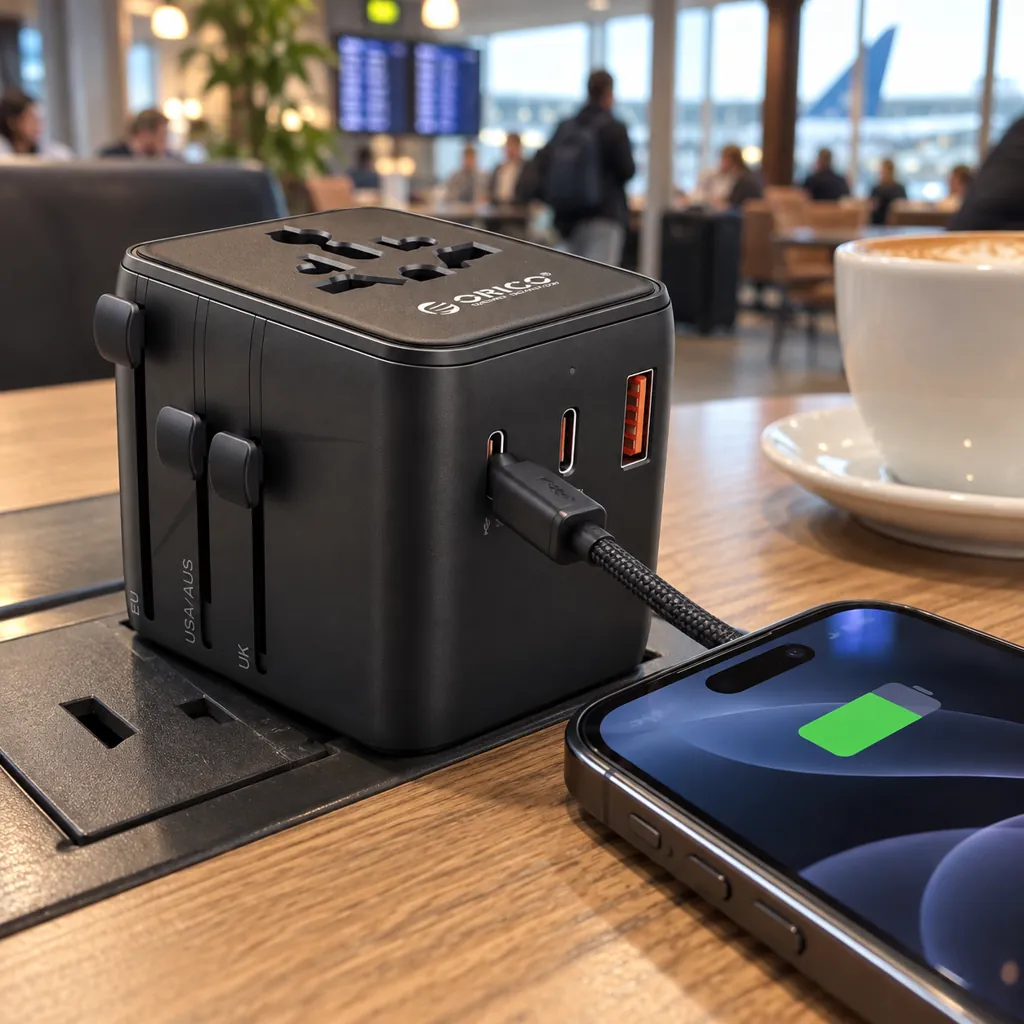 Adaptador ORICO preto na tomada da mesa de um café de aeroporto, carregando um celular pelo cabo USB-C