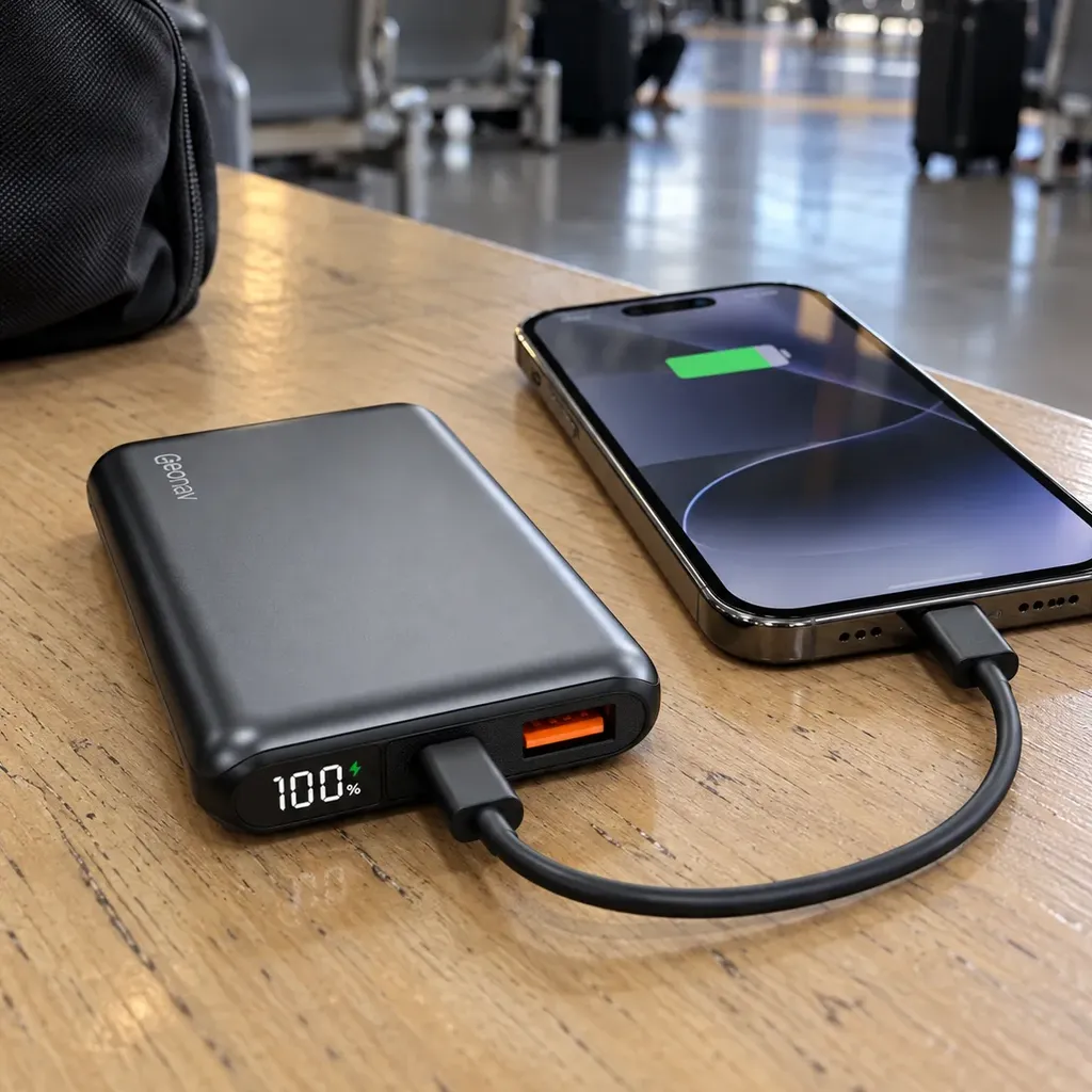 Carregador GeoNav de 10.000 mAh com a tela marcando 100%, ligado por cabo a um celular numa mesa de madeira da rodoviária