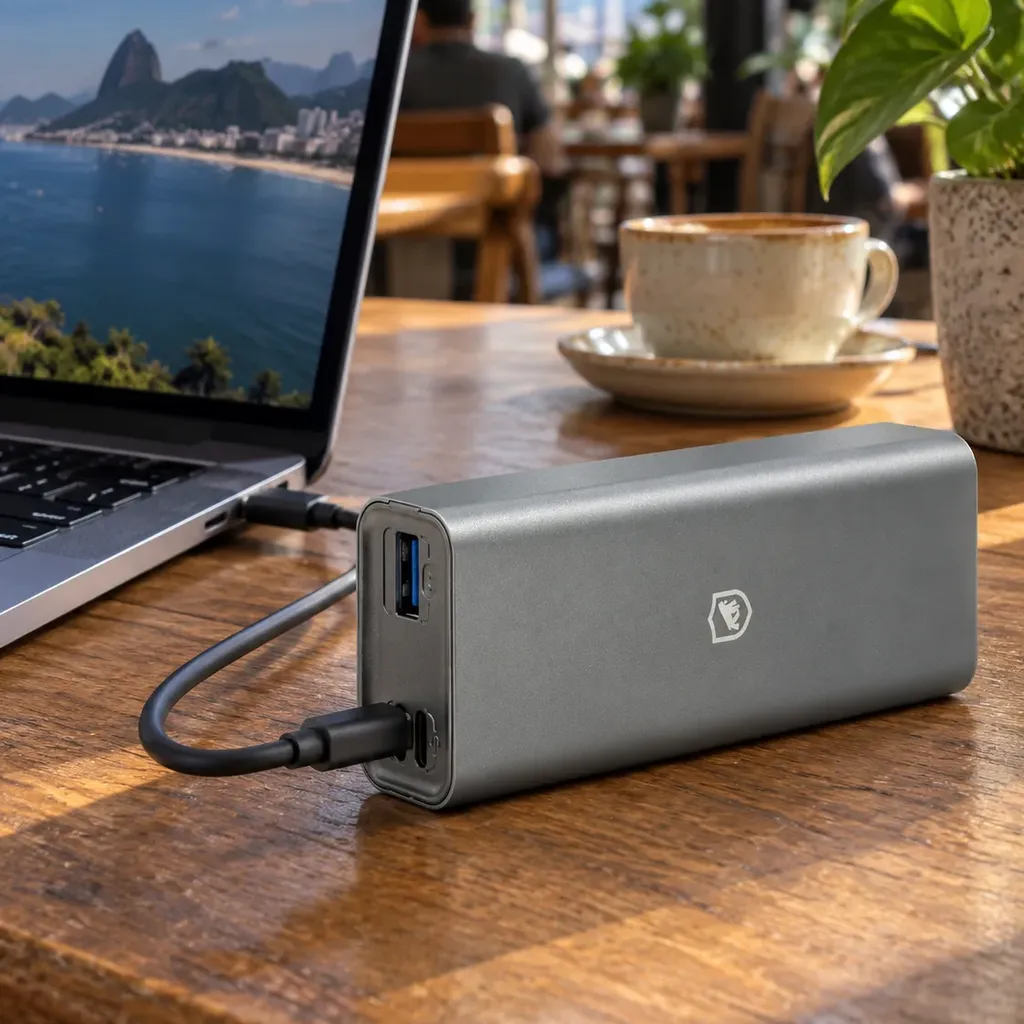 Carregador Gshield Powerstation cinza ligado por cabo USB-C ao notebook, na mesa de um café com uma xícara ao fundo