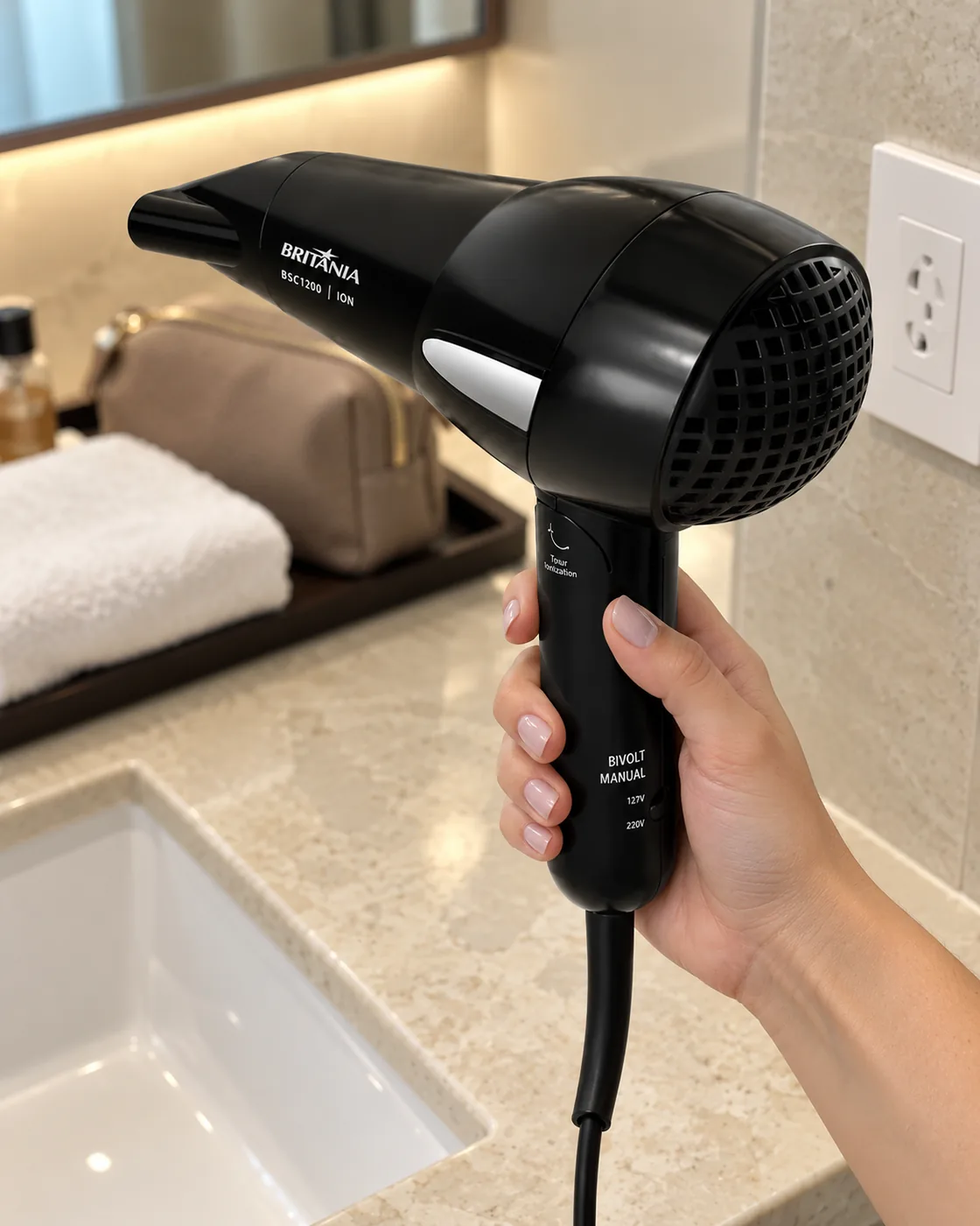 Secador Britânia BSC1200 preto na mão, num banheiro de hotel, perto da tomada