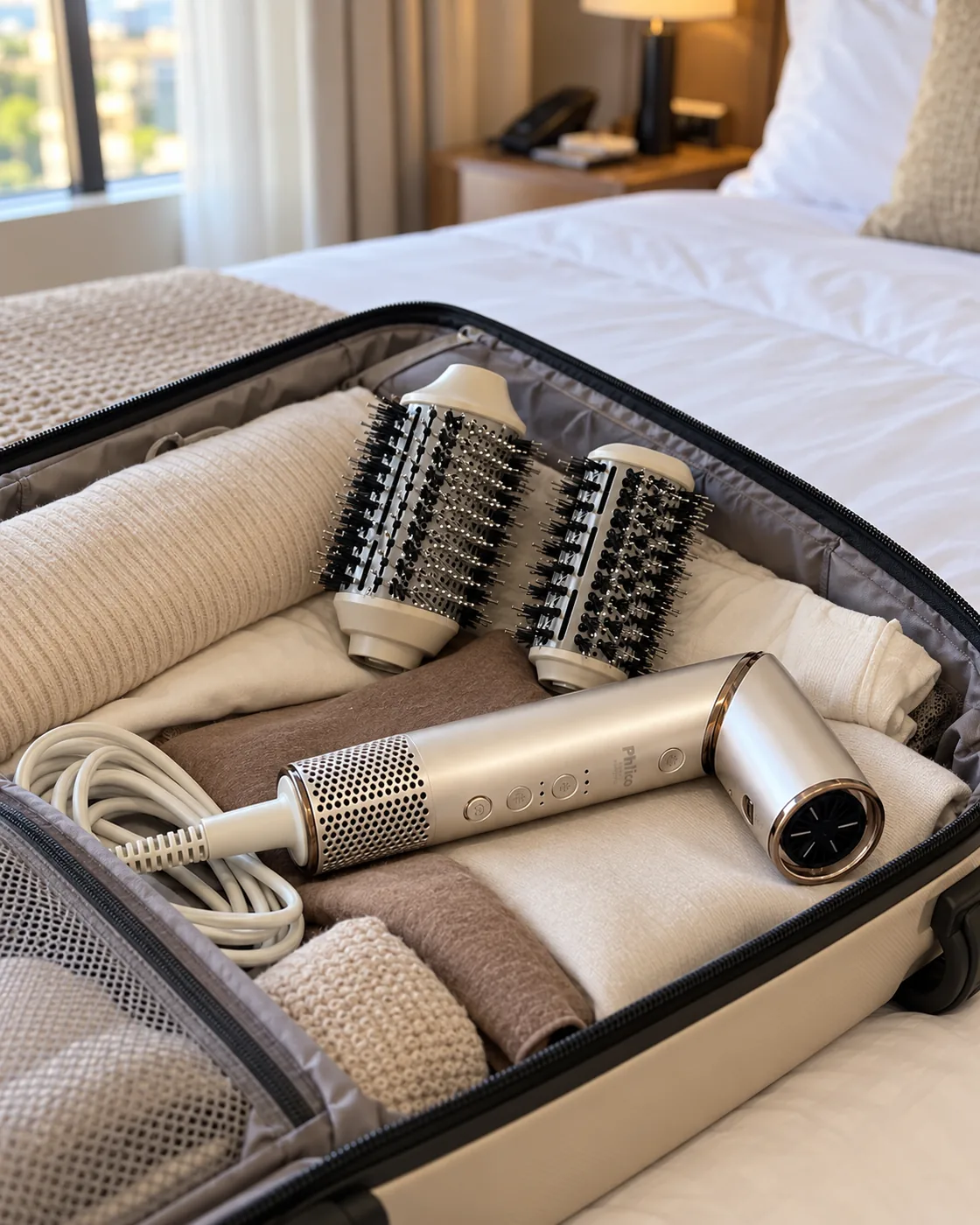 Secador Philco PSC3500 champanhe com duas escovas dentro de uma mala aberta sobre a cama de hotel