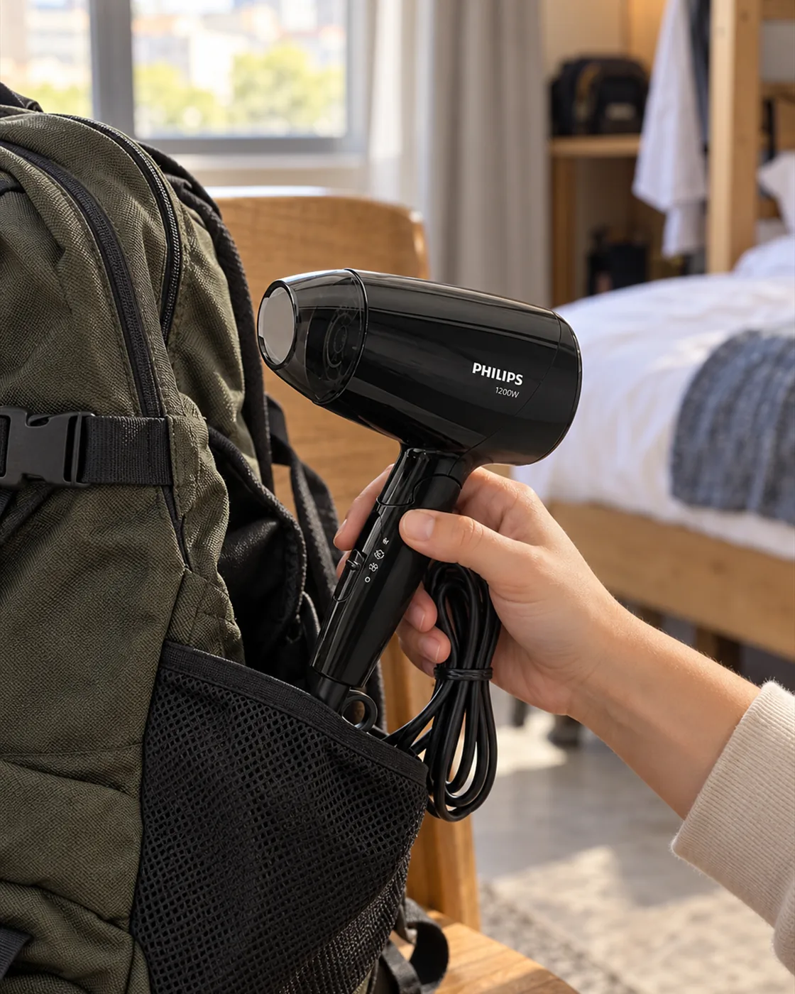 Secador Philips preto saindo do bolso lateral de uma mochila de viagem